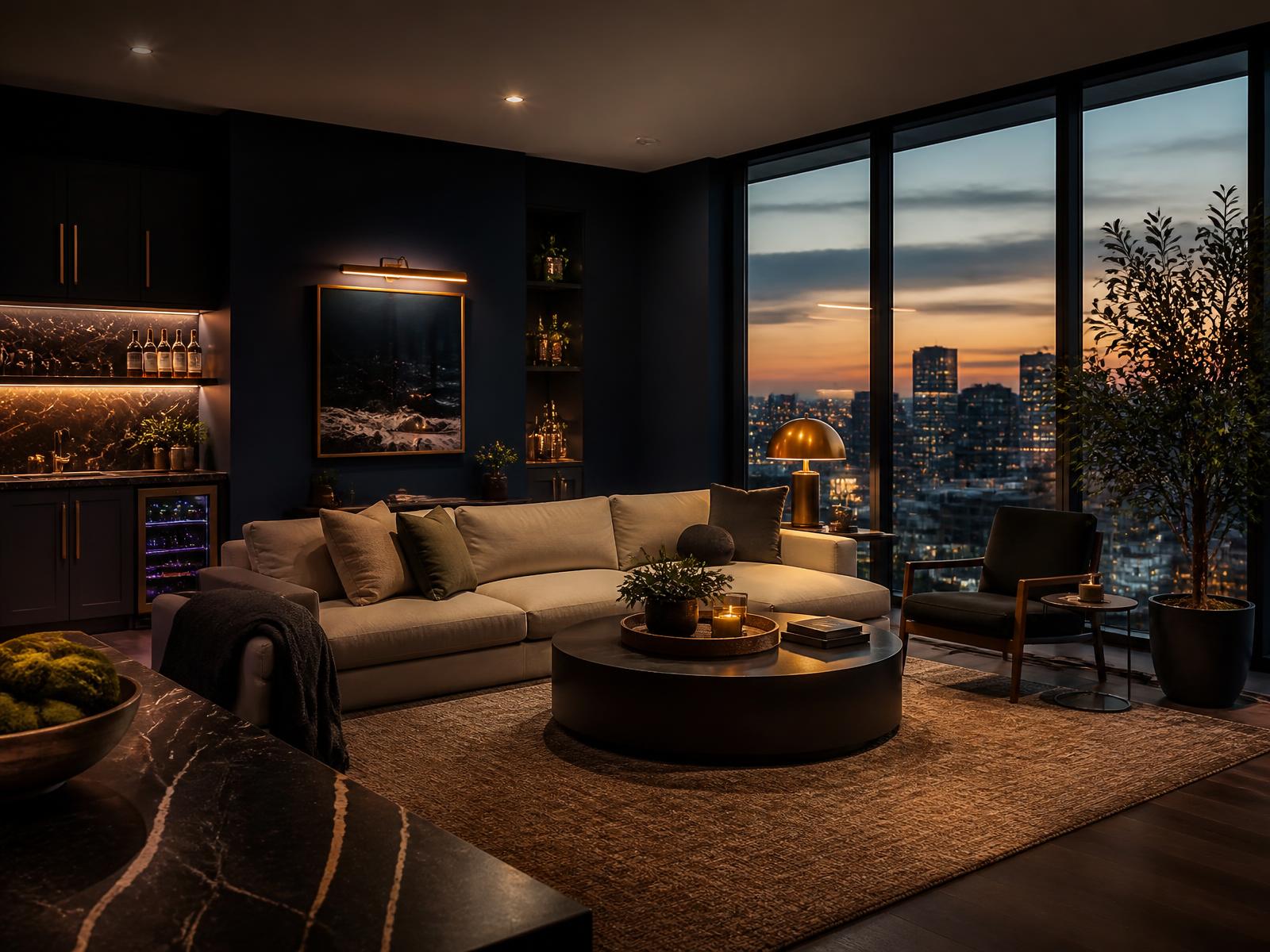 Luxury short-term rental living room at dusk with brass accents and city views